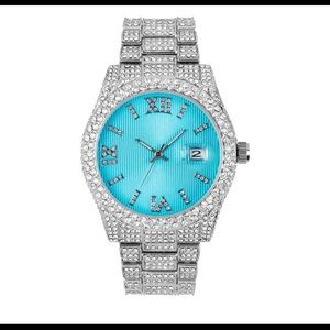 ICED OUT TURQUOISE DATE BEZEL ENCRUSTED SILVER WATCH NEW BOX !!
